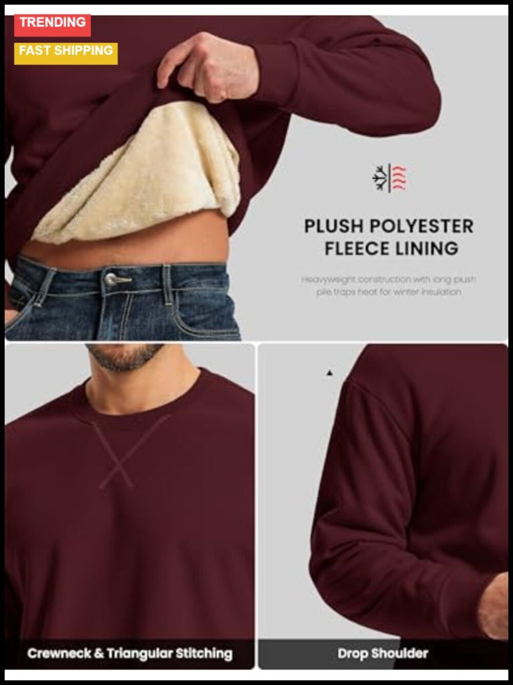 Men's Sherpa Lined Fleece Pullover Sweatshirt Heavyweight Winter - Picture 5 of 6